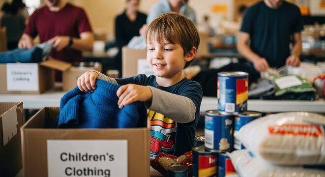 Happy Child Volunteering, Sorting Clothing Donations for Charity