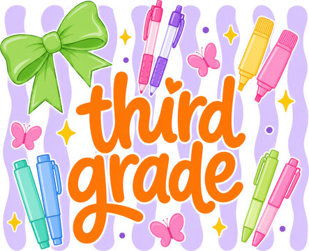 Bright third grade design with colorful pens, butterflies and playful green bow. Ideal for school banners, classroom decor, back to school campaigns