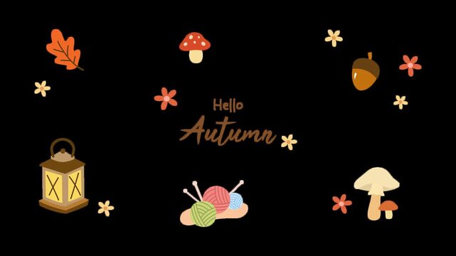 Hand drawn cute hello autumn doodle animation loop with alpha channel
