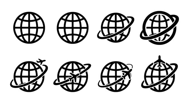 Global Travel Icons Set: Earth Globe with Airplane Orbiting, World Map Navigation Symbols, International Journey Vector Graphics