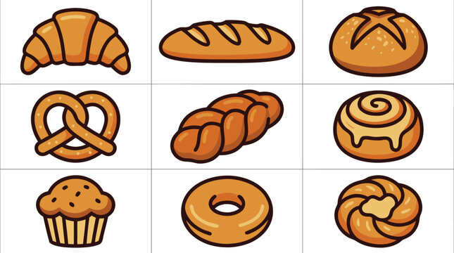 Exquisite Vector Icon Set of Artisanal Bakery Bread and Croissant Icons in Bold Outline Style Featuring Handcrafted Pastries and Baking Essentials in an Ordered Grid Layout with Vibrant Colors