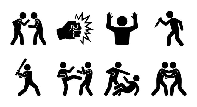 Violence Icons Set, Conflict Pictograms, Aggression Symbols, Fighting Actions, Crime Vector Graphics, Danger Illustrations, Social Issues