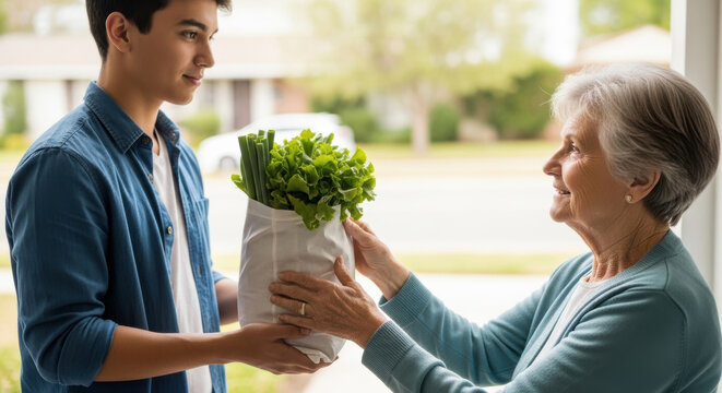 Intergenerational Kindness: Young Man Delivering Fresh Groceries to Senior Woman at Home