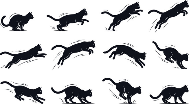 Collection of black cat silhouettes in various running and jumping poses