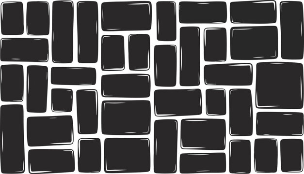 Black cobblestone vector pattern, dark stone pavement texture, geometric basalt block wall background, charcoal masonry floor tiles isolated on White Background
