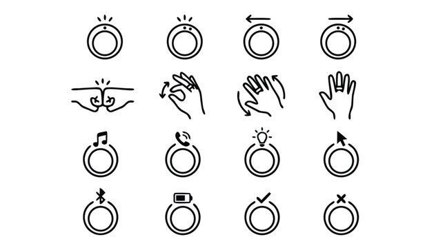 Minimalist black and white line art icon set of wearable gesture control rings featuring futuristic smart device technology and finger-worn sensors for highly intuitive hands-free digital interaction.