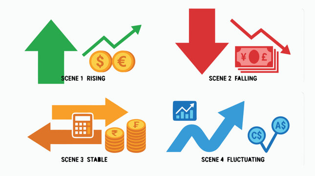 Vibrant flat vector illustration set of four scenes depicting currency exchange rates with upward and downward arrows, representing global finance, market trends, and international money trading.
