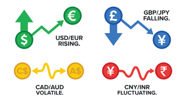 Sleek set of four flat vector scenes illustrating global currency exchange rates with upward and downward arrows and vibrant colors for financial market analysis and modern banking concepts.