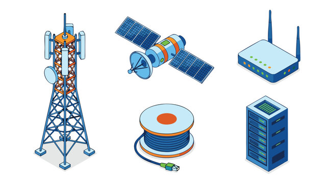 Isometric vector set of telecommunication equipment featuring a cell tower, satellite dish, wireless router, and fiber optic cable on a clean white background for network technology concepts.