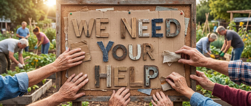 Hands assembling we need your help sign, a community garden volunteer group needing assistance for sustainability