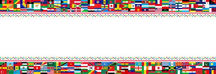 International World Flags Border Banner design. Decorative Multi-Country Flag Header and Footer with Dotted Patterns and Blank White Copyspace Center Graphic Layout View © Neelrong