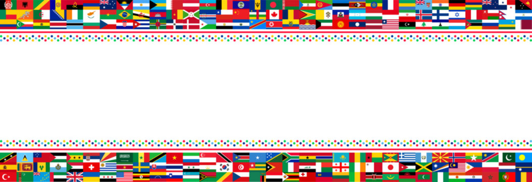 International World Flags Border Banner design. Decorative Multi-Country Flag Header and Footer with Dotted Patterns and Blank White Copyspace Center Graphic Layout View