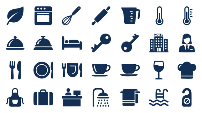 Extensive set of 24 hotel services and hospitality icons including kitchen tools like ovens and whisks, room service, housekeeping, and luxury amenities for high-end resort and travel branding.
