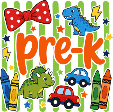 Colorful pre-k typography with dinosaurs, toy cars, crayons, and playful learning doodles. Ideal for classroom decor, preschool banners, and early education promotions.