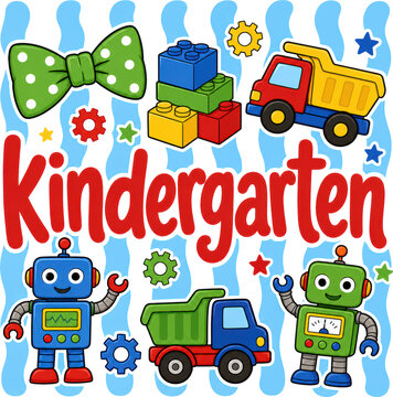 Colorful kindergarten typography with friendly robots, toy trucks, building blocks, and playful gears. Ideal for classroom decor, school banners, and early learning promotions.
