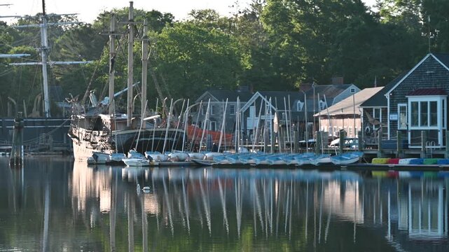Mystic, Connecticut, USA - Ship Rigger Working Above Mystic Seaport Harbor