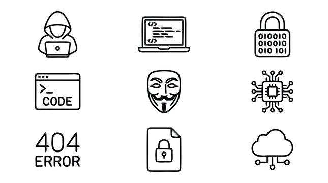 Minimalist Line Art Hacker Icon Set Featuring Hoodie Laptop Code and Security Elements in Black and White Grid Layout for Cybersecurity Technology and Software Development Visualization Illustration.
