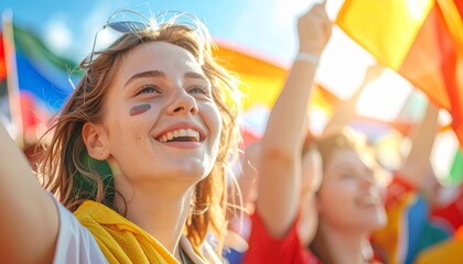 Fototapeta premium Joyful Young Woman Celebrating Outdoors with Colorful Flags.