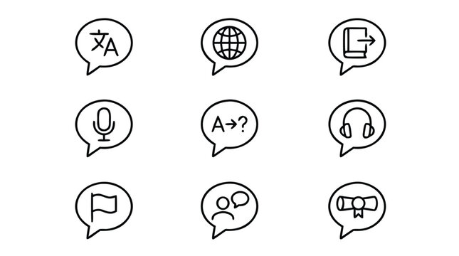 Minimalist Line Art Vector Icon Set of Language Learning Speech Bubbles for Education, Communication, and Global Translation Services, Featuring Clean Black and White Design in a Grid Layout.