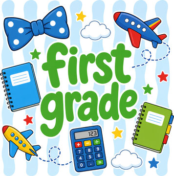 Colorful first grade typography with notebooks, calculator, airplanes, and playful school doodles. Ideal for classroom decor, education banners, and back-to-school campaigns.