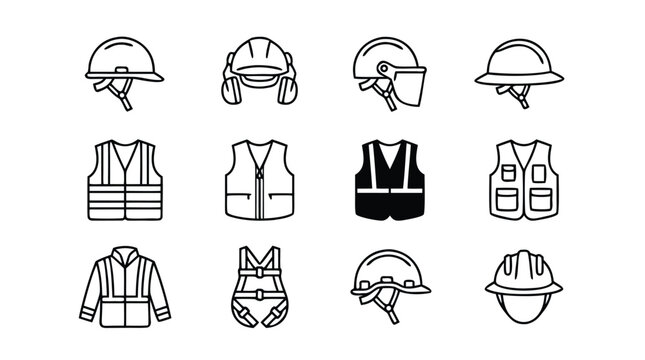 Industrial safety helmet and high-visibility vest line icons in a professional minimalistic style, featuring essential protective equipment symbols for construction and site security.