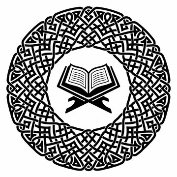 Open holy book inside an intricate circular Celtic knot frame black vector.