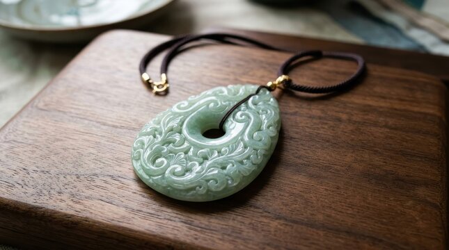 Intricately Carved Green Jade Pendant Necklace with Ornate Detailing on Wooden Surface