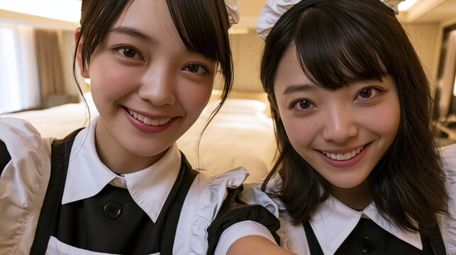 ホテルの室内でメイドのコスプレをして自撮りをする、笑顔の若い日本人女性2人のクローズアップ
