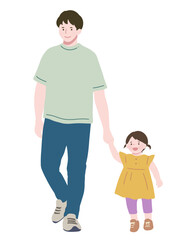Fototapeta premium 手をつないで歩く親子 カラフル フラットイラスト