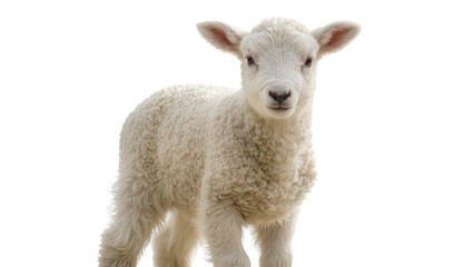 Fototapeta premium Fluffy white lamb standing, looking forward