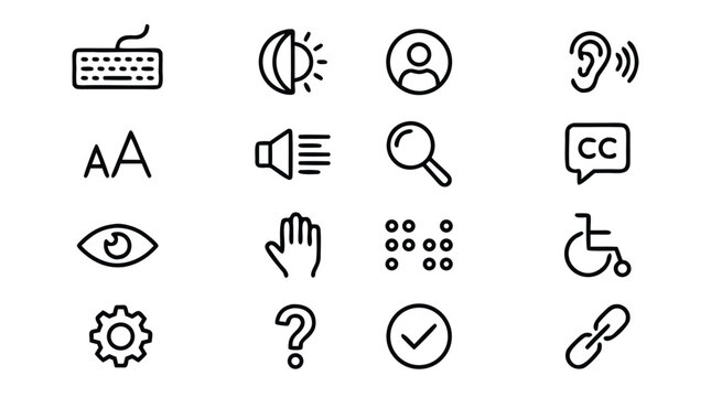 Inclusive UI UX Design Vector Line Icon Set for Web Accessibility Featuring Keyboard Navigation High Contrast Mode Hearing Aid Support Screen Reader Compatibility and Inclusive Symbols