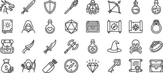Fantasy RPG board game icon set line art vector illustration featuring weapons armor magic potions and adventure gear. © Mst Fateha Begum