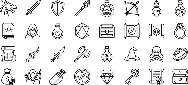 Fantasy RPG board game icon set line art vector illustration featuring weapons armor magic potions and adventure gear.