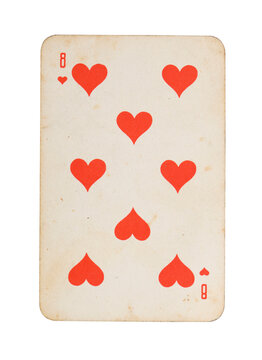 Old vintage Eight of Hearts playing card isolated on white.