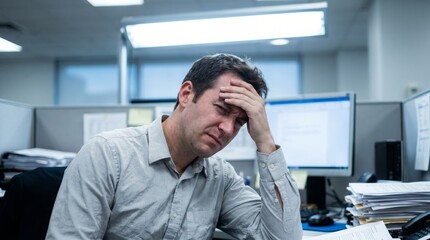 Naklejka premium Stressed Businessman Holding His Forehead in Office.