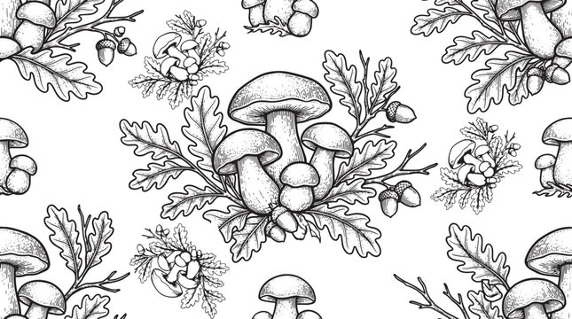 Vintage mushroom seamless pattern autumn forest line art vector