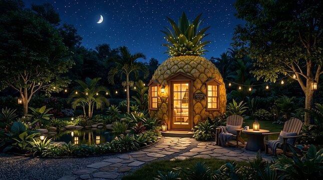 Cozy tropical hut at night with patio and garden
