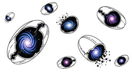 Abstract illustration of cosmic eggs revealing colorful spiral galaxies. © Trimo