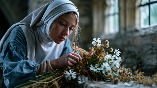 Young novice nun arranging wildflowers on a stone windowsill inside a centuries-old convent chapel, afternoon light filtering through arched windows, her expression serene and purposeful, vocation d