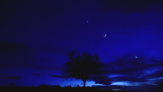 Crescent Moon, planet conjunction and landscape scenery silhouettes. Real-time twinkling stars.