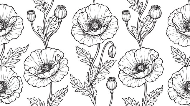 Seamless poppy flower line art pattern background