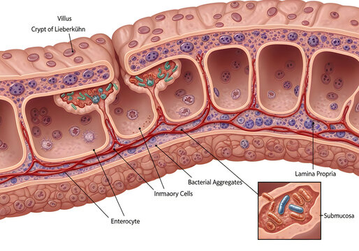 Cross-section of intestinal wall showing enterocytes, crypts, and bacterial aggregates in submucosa.