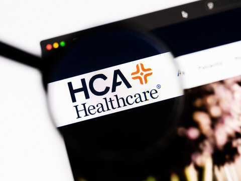 Milan, Italy 2026, 20 Apr Closeup of HCA Healthcare website on a laptop screen. HCA Healthcare logo under a magnifying glass.