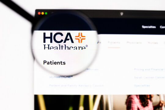 Milan, Italy 2026, 20 Apr Closeup of HCA Healthcare website on a laptop screen. HCA Healthcare logo under a magnifying glass.