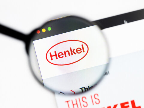 Milan, Italy 2026, 20 Apr Closeup of Henkel website on a laptop screen. Henkel logo under a magnifying glass.