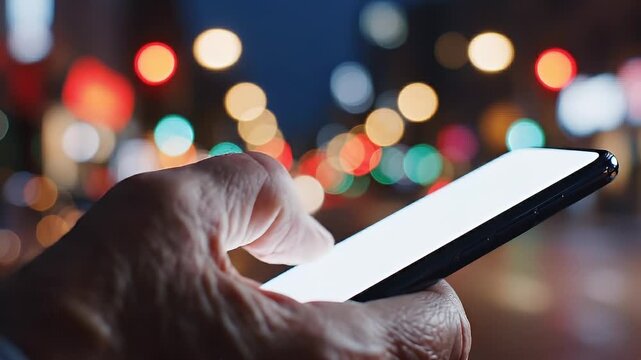 Macro shot of man hand swiping smartphone screen on night city background