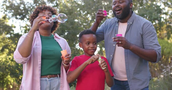 African American family in park child starting bubbles urging parents dipping wands and blowing
