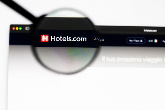 Milan, Italy 2026, 20 Apr Closeup of hotels.com website on a laptop screen. hotels.com logo under a magnifying glass.