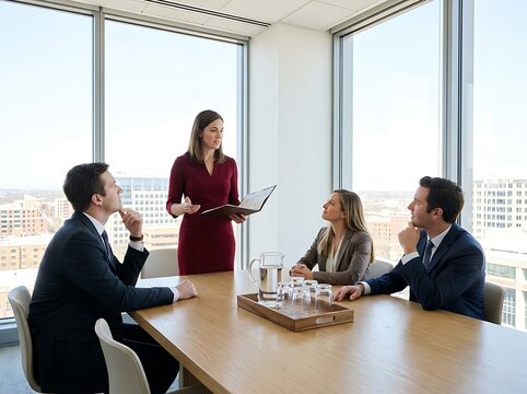 Business meeting in a modern office with a female presenter leading the discussion around a conference table