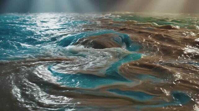 The convergence of clear blue and murky brown waters creating dynamic patterns.
